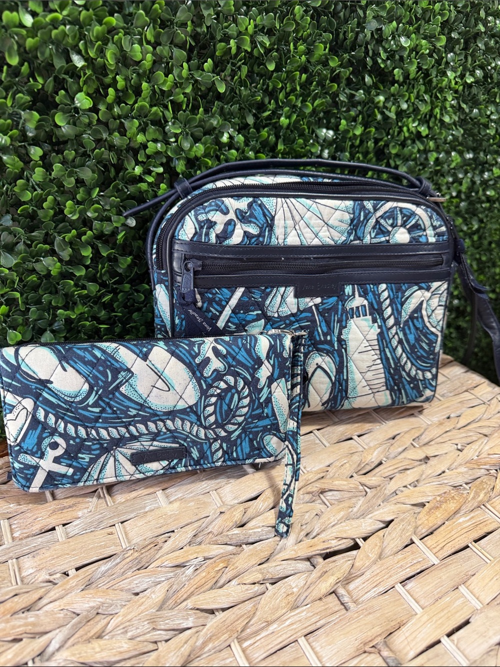Vera Bradley Navy Blue and Cream Quilted Crossbody with Matching Wallet
